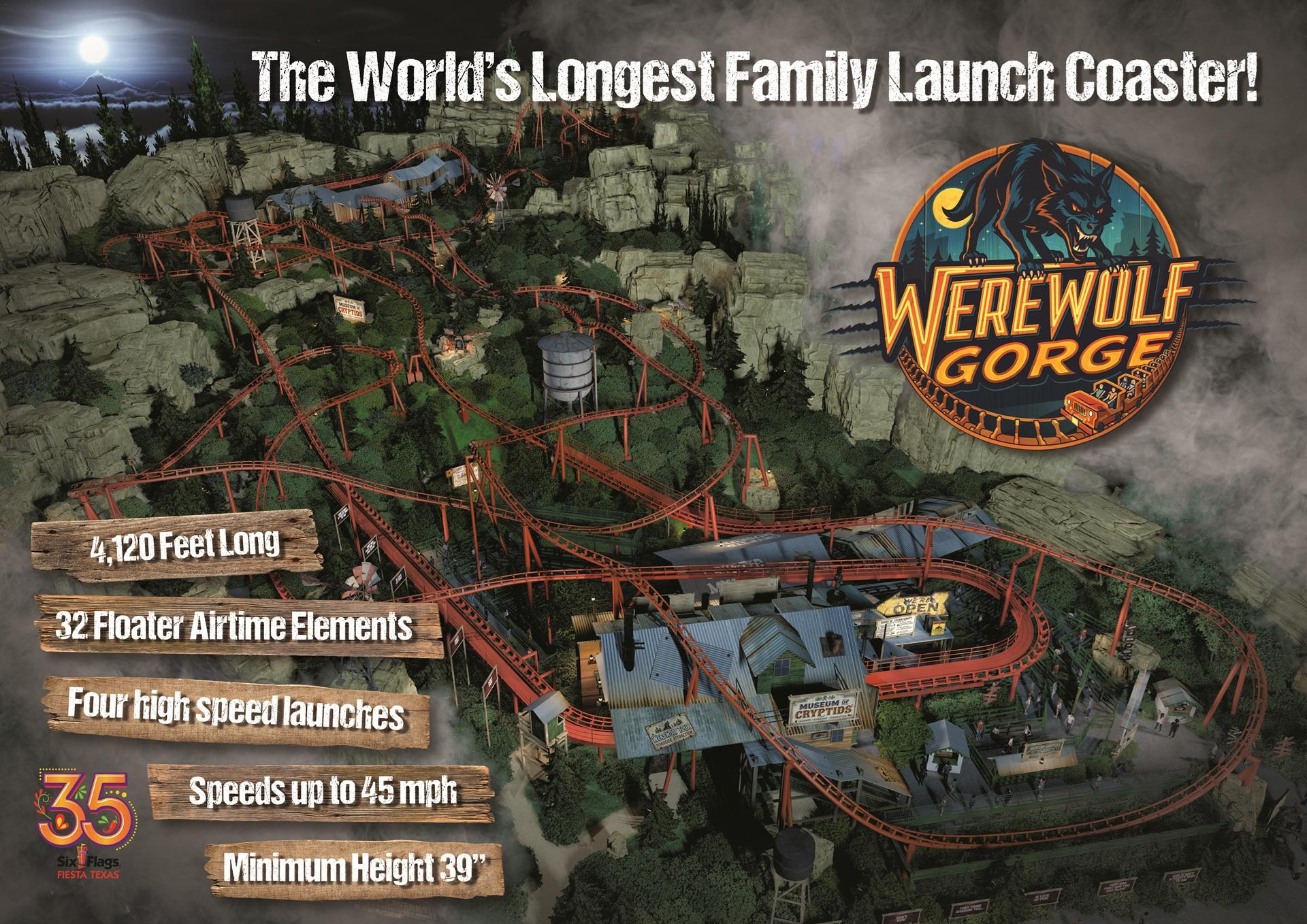Official Werewolf Gorge roller coaster infographic and layout